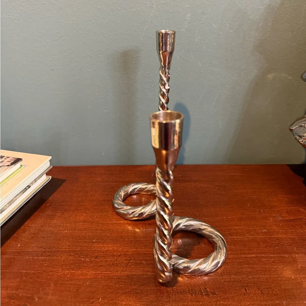 West Elm Silver Tone Rope Design Double Taper Candle Holder Centerpiece